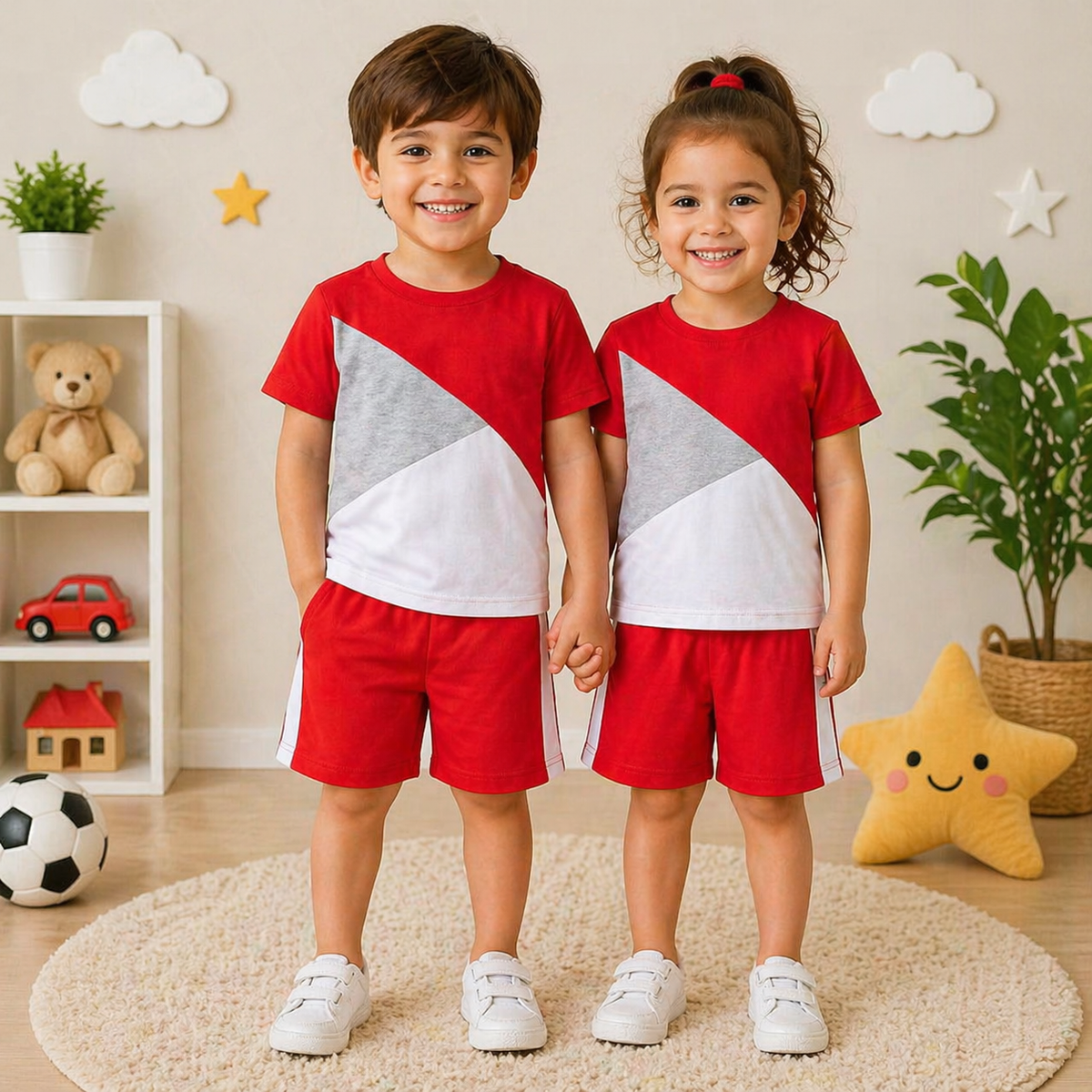 RED PANEL T-SHIRT SHORTS SET