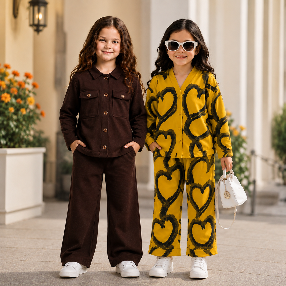 Girls Premium Heart Print Co-Ord Set – Brown & Yellow Pack of 2