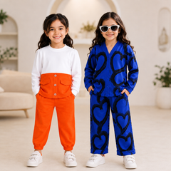 Girls Premium Heart Print Co-Ord Set – Orange & Blue Pack of 2