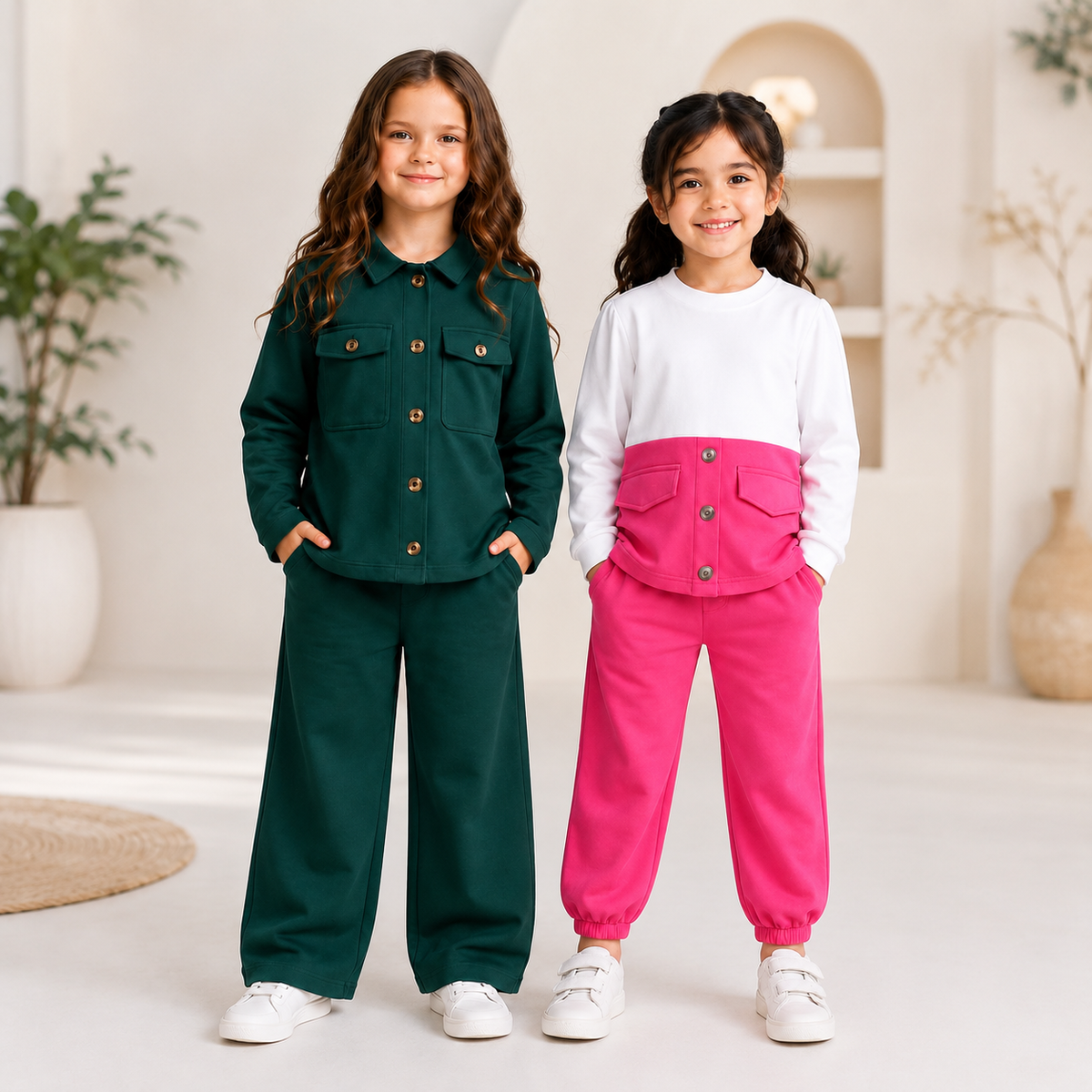 Girls Premium Button-Front Co-Ord Set – Green & Pink Pack of 2