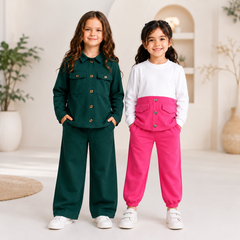 Girls Premium Button-Front Co-Ord Set – Green & Pink Pack of 2