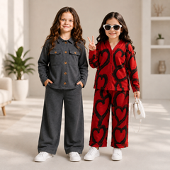 Girls Premium Co-Ord Set – Grey & Red Heart Print Pack of 2