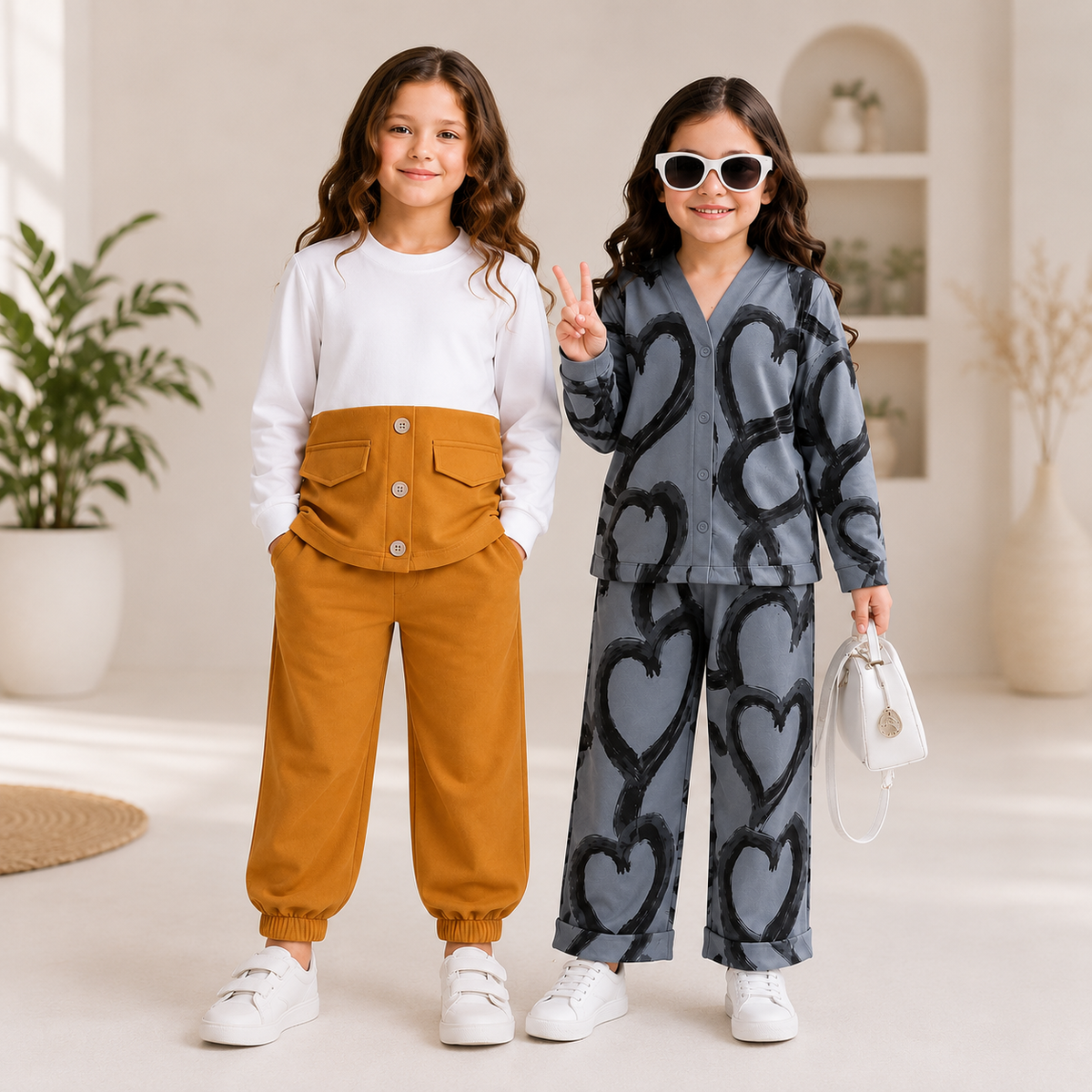 Girls Premium Co-Ord Set – Mustard & Grey Heart Print Pack of 2