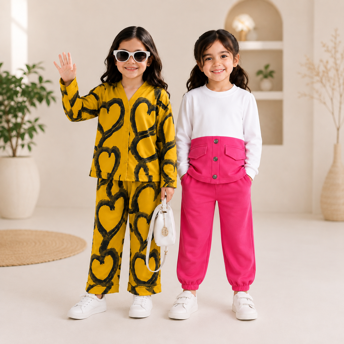 Girls Heart Print & Solid Co-Ord Set – Pack of 2
