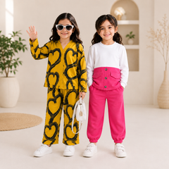 Girls Heart Print & Solid Co-Ord Set – Pack of 2