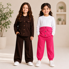 Girls Premium Button-Front Co-Ord Set – Brown & Pink Pack of 2