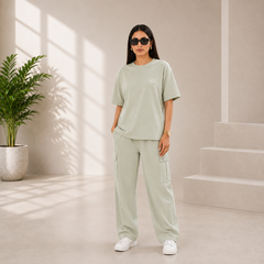 Unisex Drop-Shoulder T-Shirt – Sage Green with Side Logo