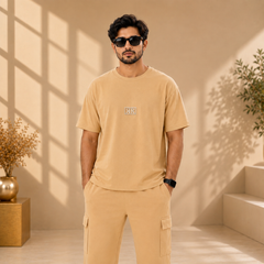 Unisex Drop-Shoulder T-Shirt – Desert Sand with Center Logo