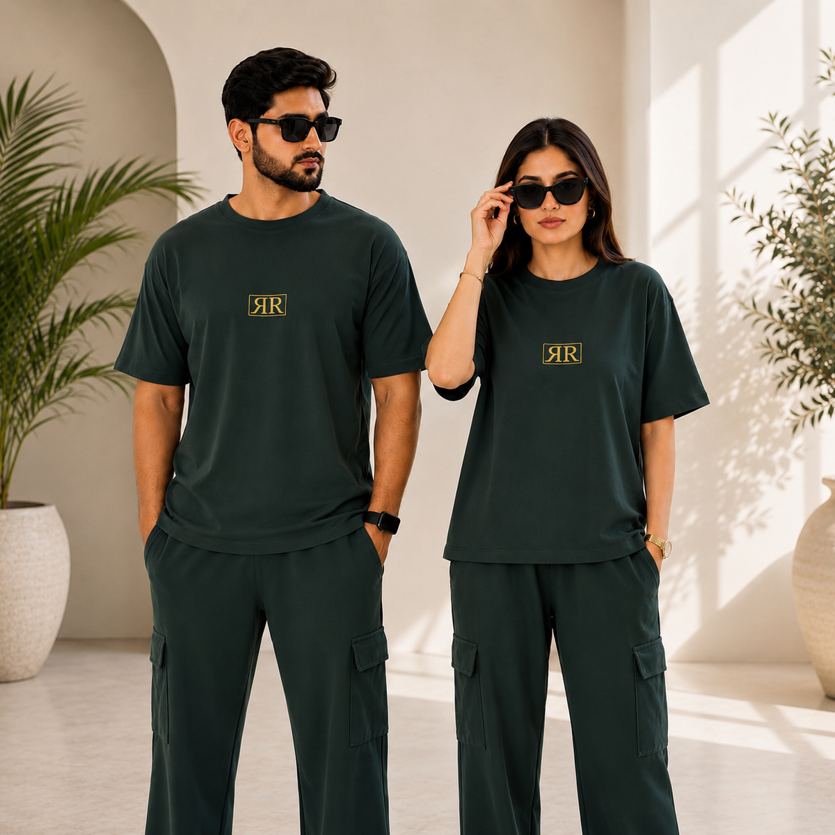 Unisex Drop-Shoulder T-Shirt – Forest Green with Center Logo