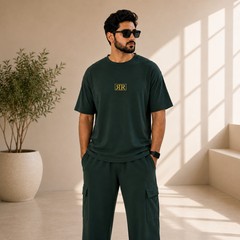 Unisex Drop-Shoulder T-Shirt – Forest Green with Center Logo