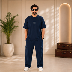 Unisex Drop-Shoulder T-Shirt – Midnight Blue with Center Logo