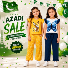 Yellow Deer Print Cotton Co-Ord Set & Blue Butterfly Cotton Co-Ord Set for Girls (Pack of 2) D8