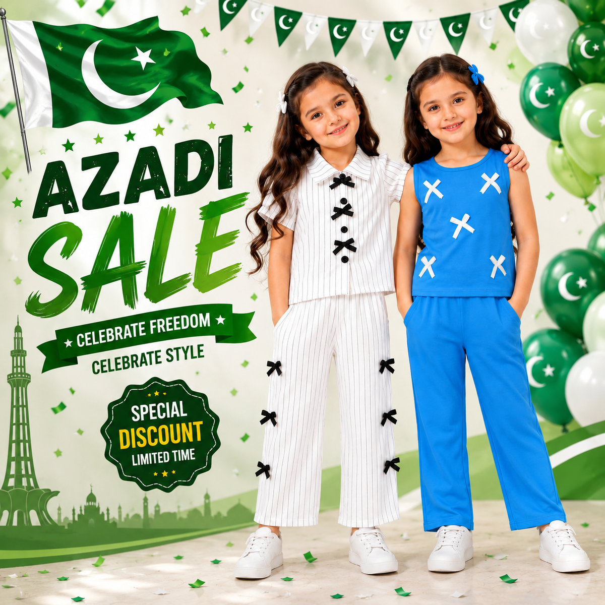 White Ribbon Stripe Co-Ord Set & Blue Ribbon Sleeveless Co-Ord Set for Girls (Pack of 2)D10