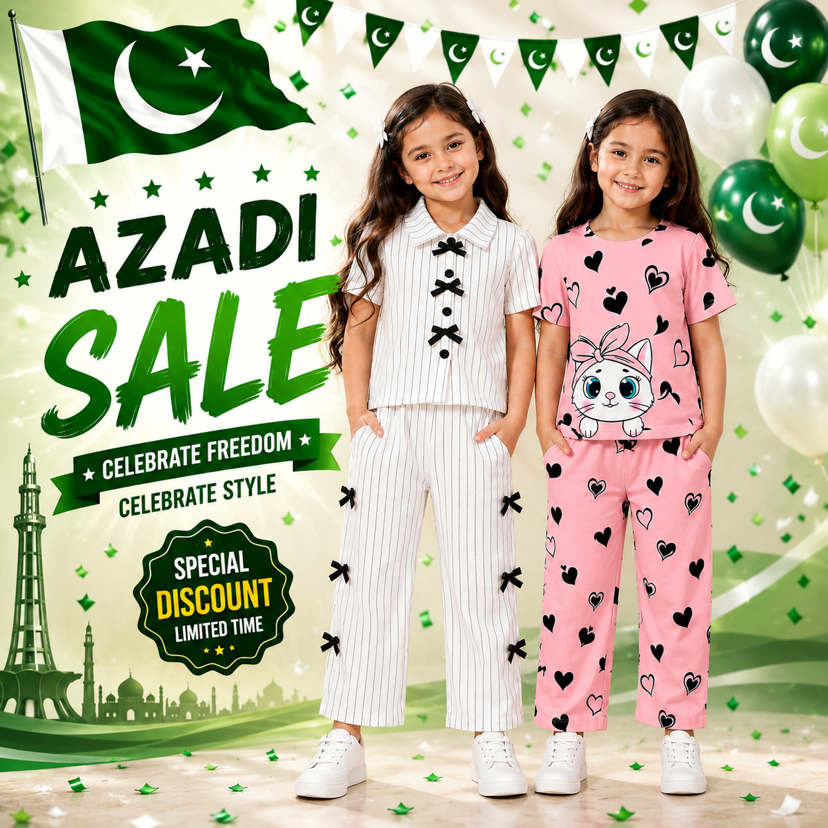 White Ribbon Stripe Co-Ord Set & Pink Kitty Hearts Cotton Co-Ord Set for Girls (Pack of 2)