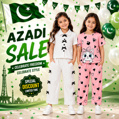 White Ribbon Stripe Co-Ord Set & Pink Kitty Hearts Cotton Co-Ord Set for Girls (Pack of 2)