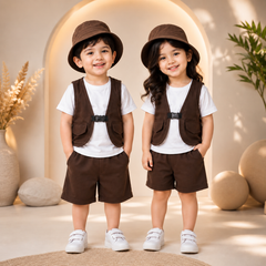 Brown Explorer Vest & Shorts Set with Cap for Kids