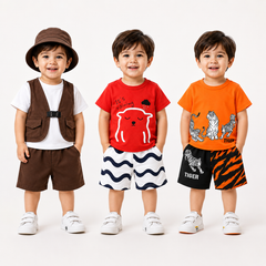 Safari Explorer, Rainy Bear & Tiger Roar Boys Cotton Summer Outfit Set (Pack of 3)