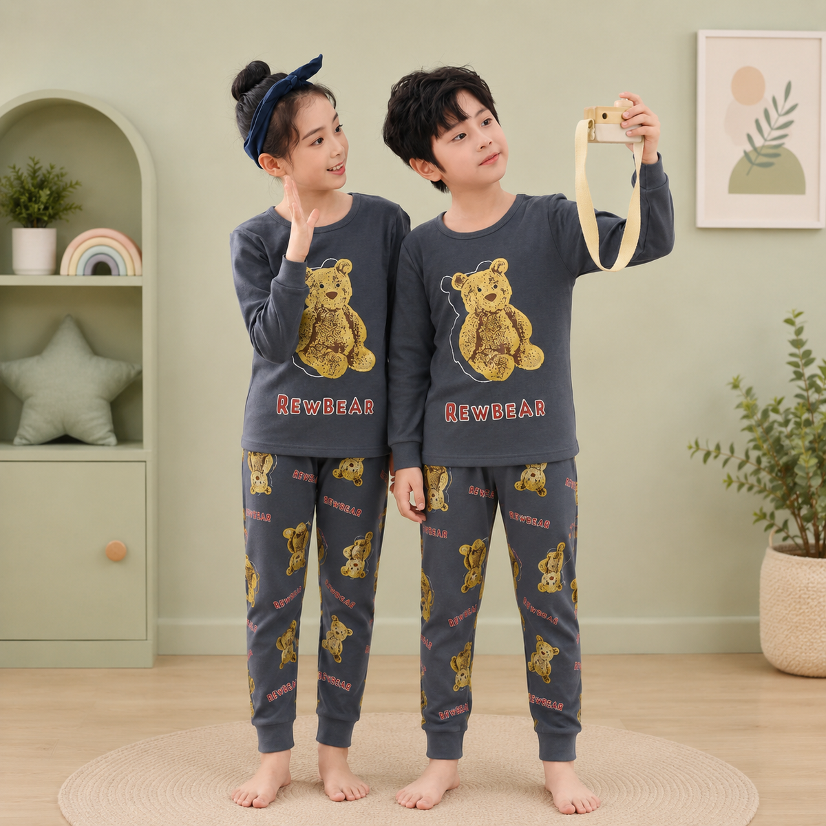 DARK GREY TEDDY BEAR PRINTED KIDS WEAR