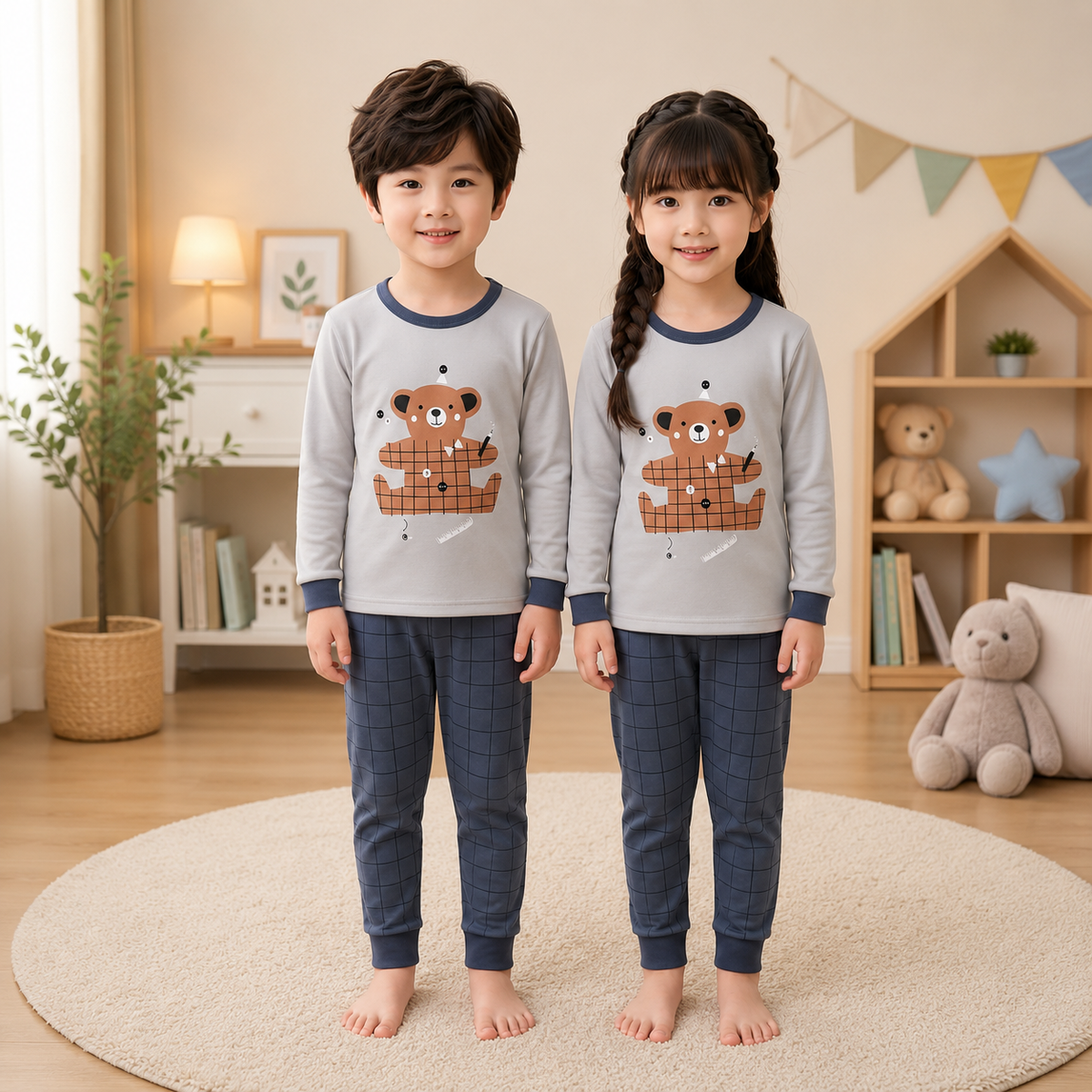 GRY AND BROWN BEAR  PRINTED KIDS WEAR