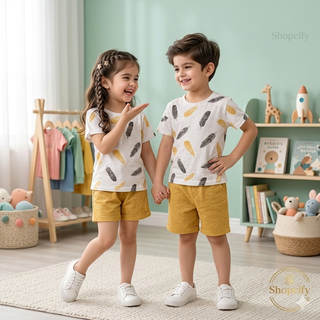YELLOW MINI LEAF KIDS SHORT SLEEVE KIDS WEAR
