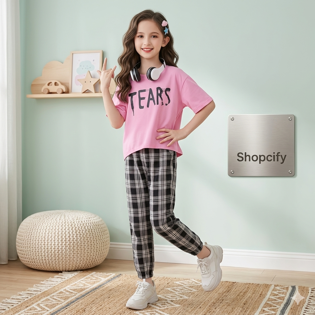 Pink Tears T-shirt With Check Printed