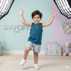 BLUE GREY SLEEVELESS SHORTS SET