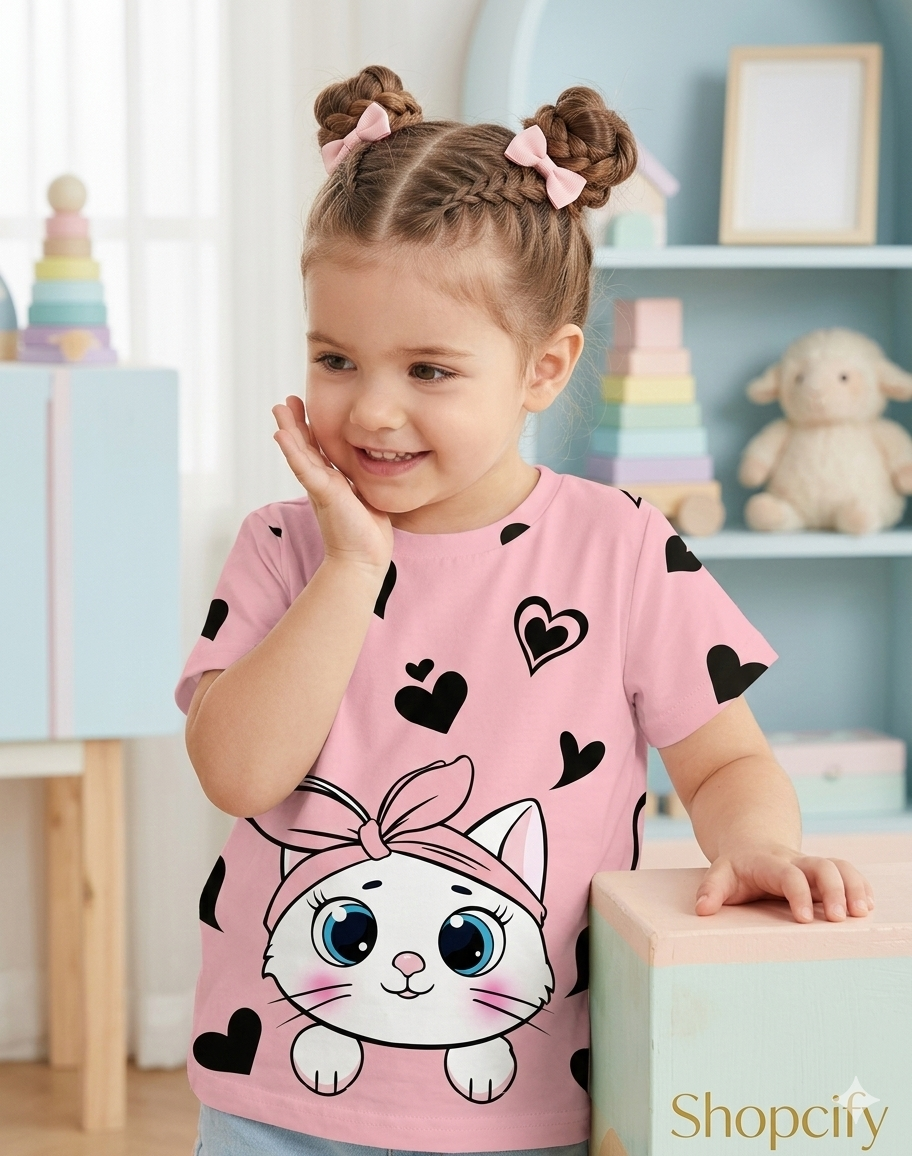 PINK CUTE KITTY WITH BLACK HEART  PRINTED KIDS WEAR