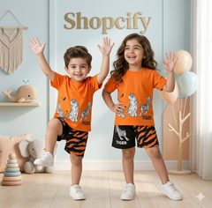 ORANGE & BLACK TIGER PRINTED SHORT SLEEVE KIDS WEAR