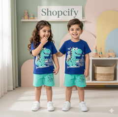 BLUE GREEN DINO PRINTED KIDS SHORT SLEEVE KIDS WEAR