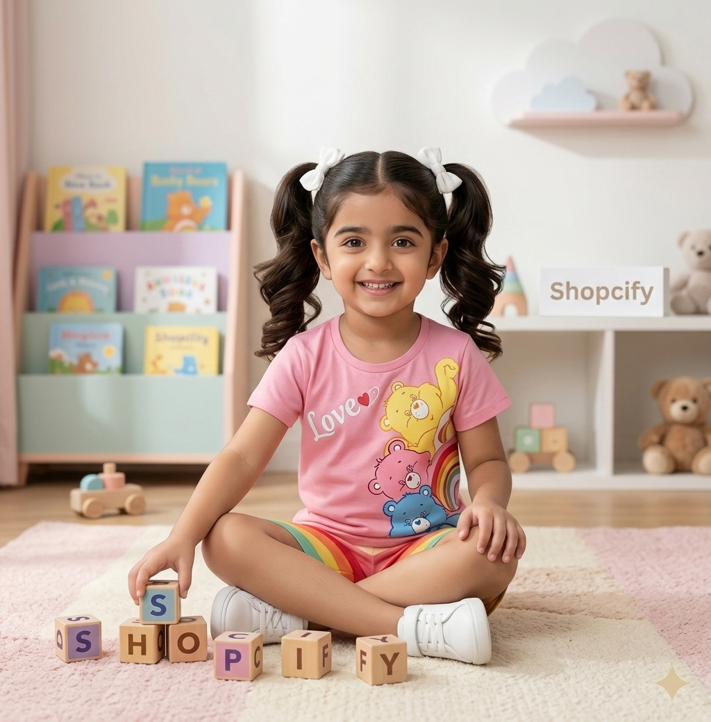 PINK LOVE BEAR PRINT SHORT-SLEEVE TEE & SHORTS SET