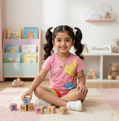 PINK LOVE BEAR PRINT SHORT-SLEEVE TEE & SHORTS SET