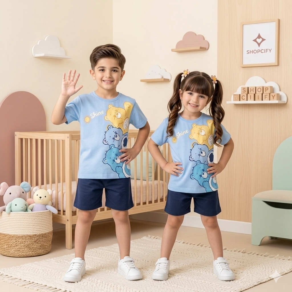 BLUE CARE BEAR PRINT SHORT-SLEEVE TEE & SHORTS SET