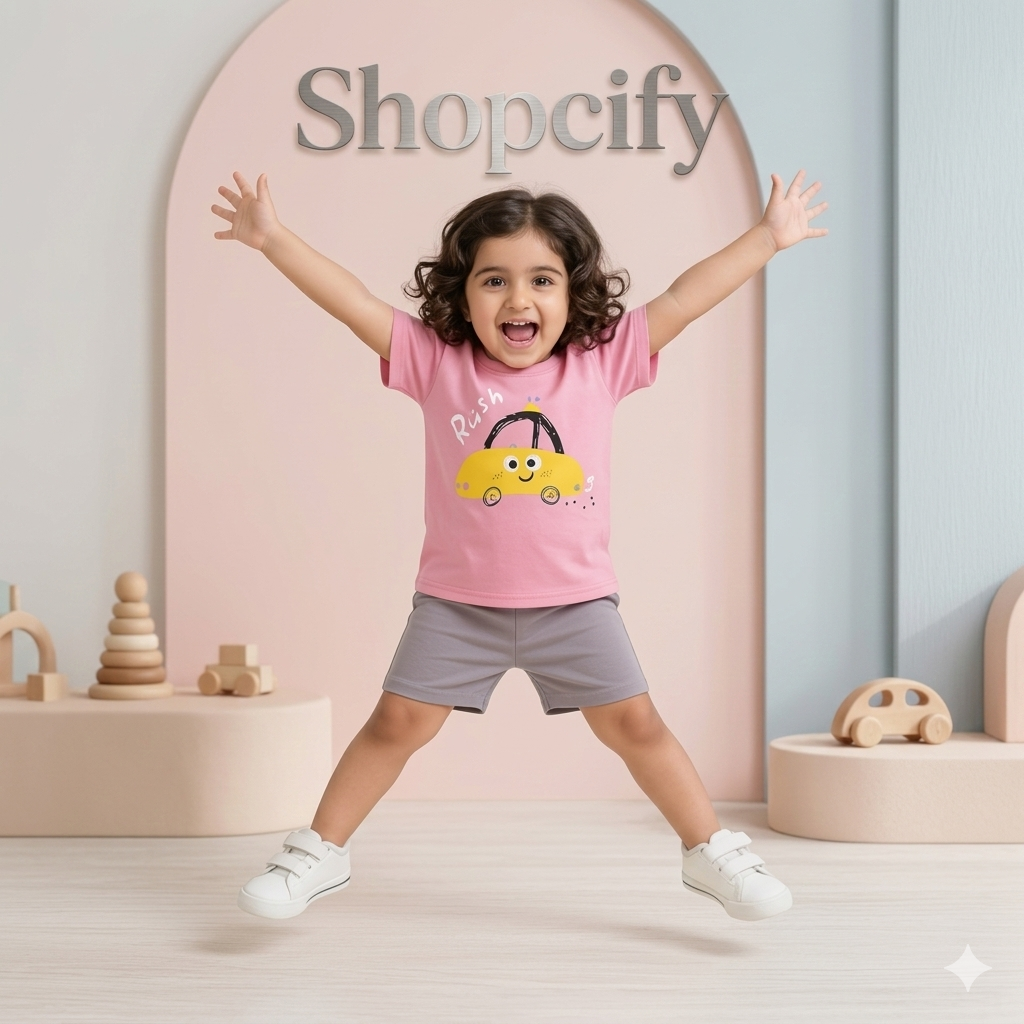 Pink Mini Car Printed Short Sleeve Kids Wear
