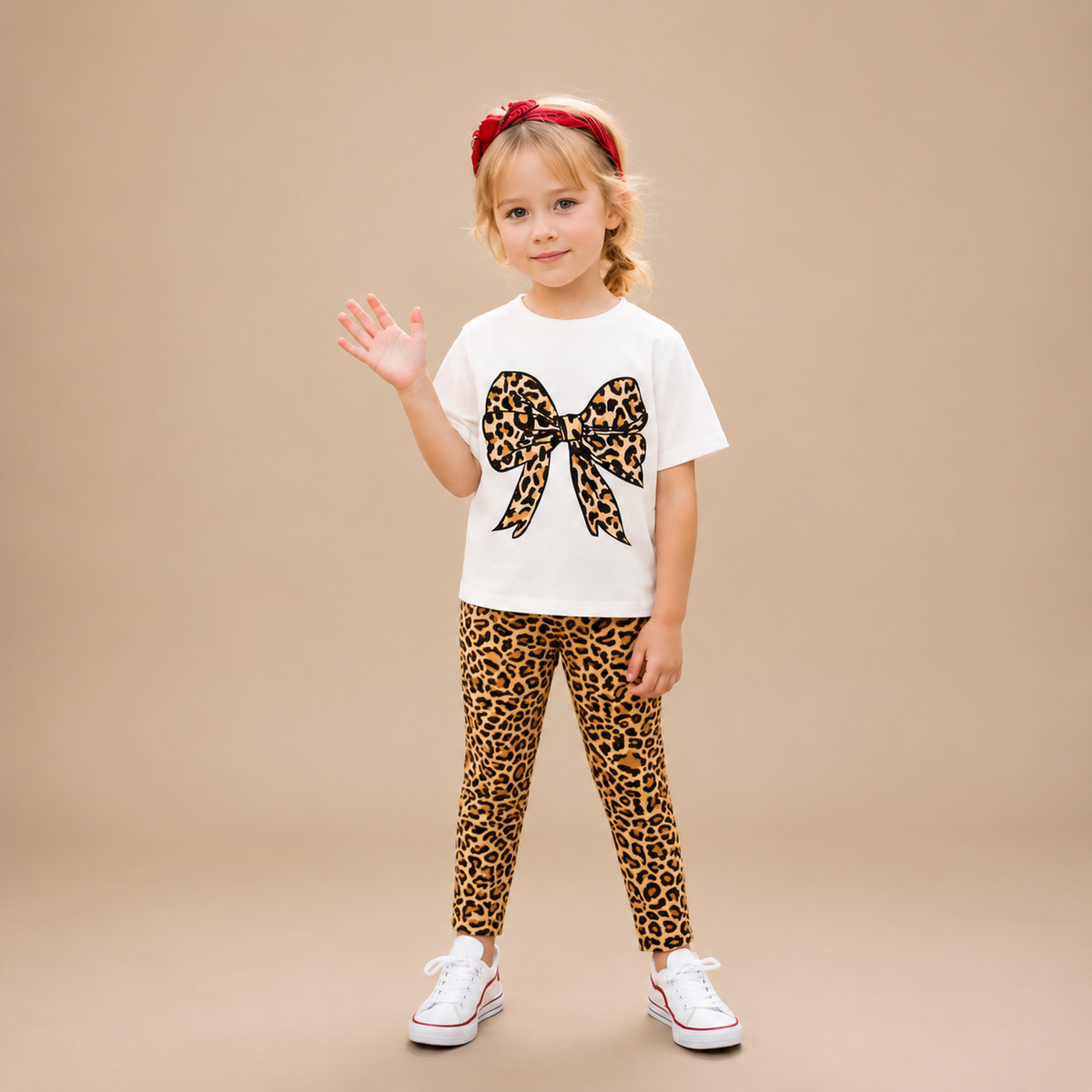 Leopard Bow Kids Co-Ord Set – Trendy T-Shirt & Printed Tights