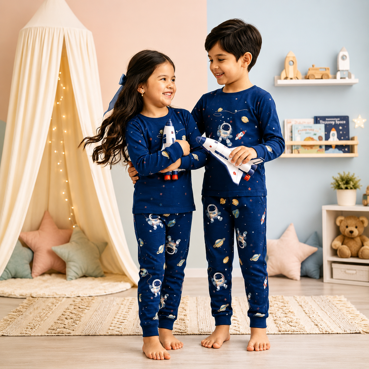 BLUE SPACESHIP PRINTED KIDS WEAR