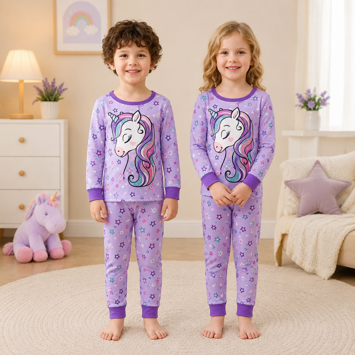 Purple Unicorn with stars Printed Kids Night Suit