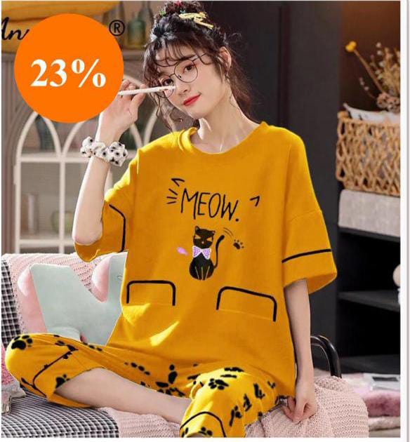 YELLOW MEOW PRINTED NIGHT WEAR