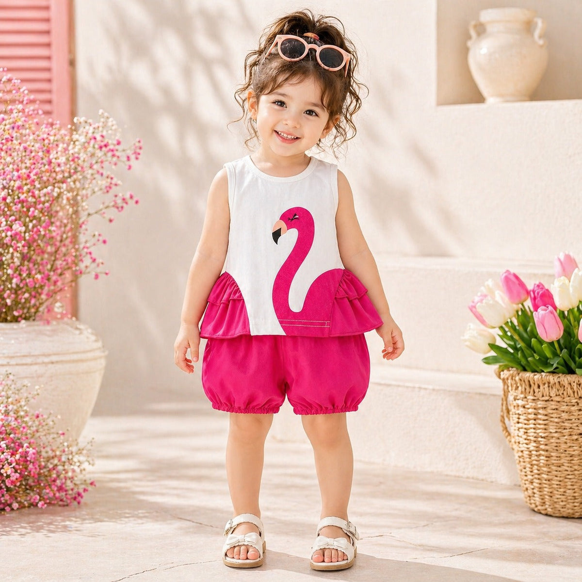 Girls Premium Summer Co-Ord Set – Flamingo Print Sleeveless Top with Bubble Shorts
