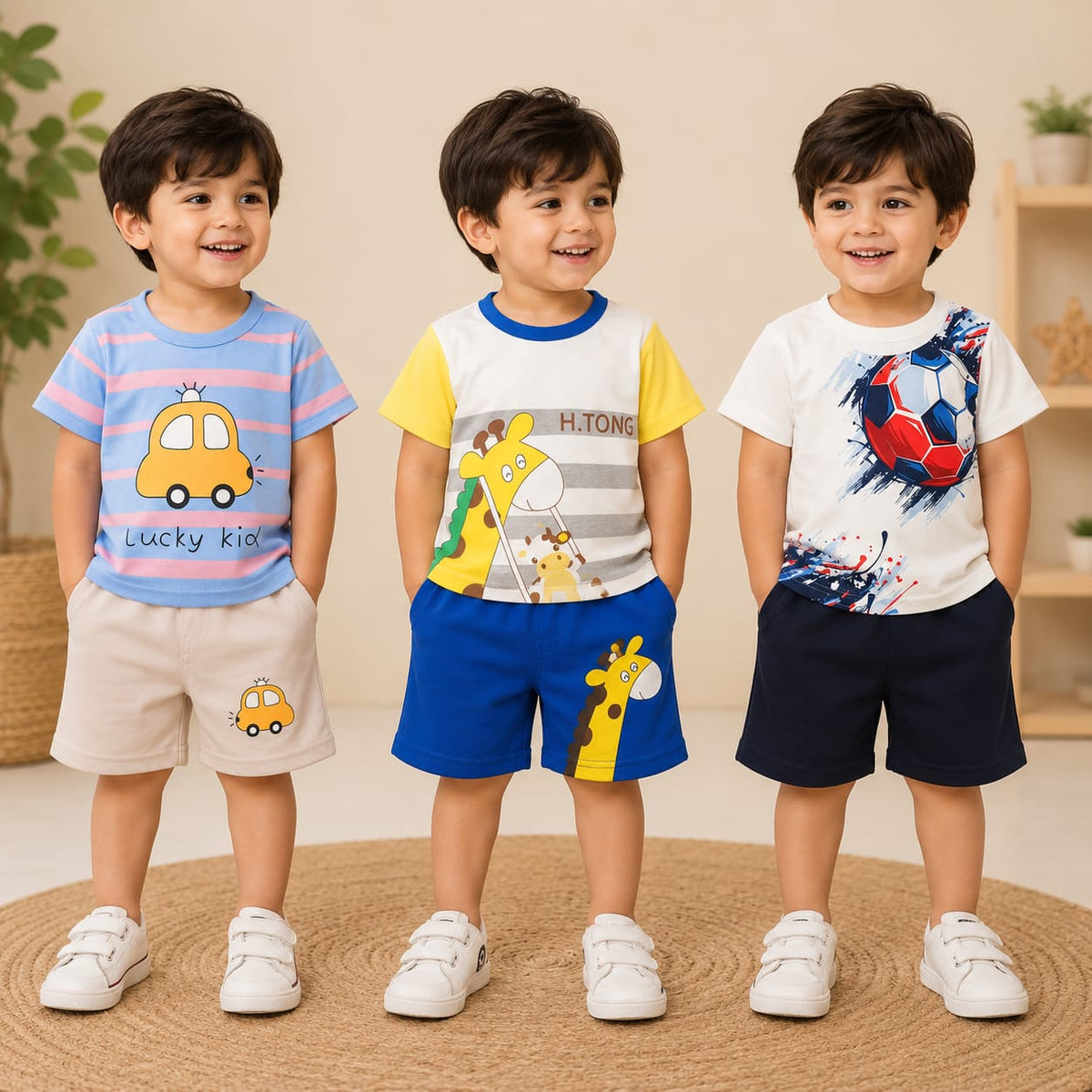 Lucky Car, Giraffe &amp; Football Print T-Shirt with Shorts (Pack of 3)
