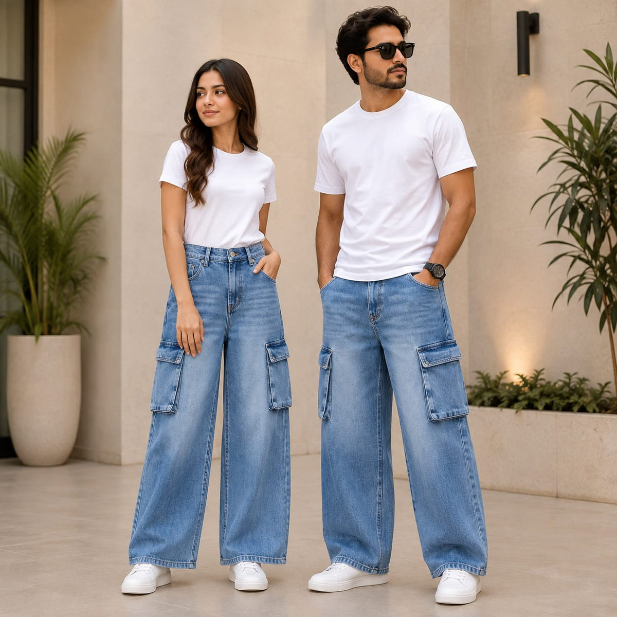 Unisex Light Blue Baggy Denim Pants – 6 Pocket Wide-Leg Jean