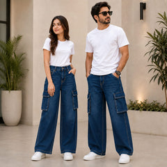 Unisex Dark Blue Baggy Denim Pants – 6 Pocket Wide-Leg Jeans