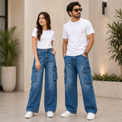 Unisex Mid Blue Baggy Denim Pants – 6 Pocket Wide-Leg Jeans