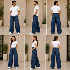 Unisex Dark Blue Baggy Denim Pants – 6 Pocket Wide-Leg Jeans