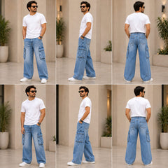 Unisex Light Blue Baggy Denim Pants – 6 Pocket Wide-Leg Jean