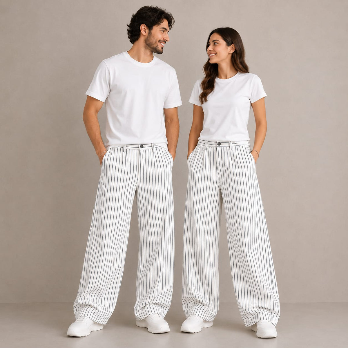 White & Black Striped 4-Pocket Baggy Pants – Unisex Casual Wear