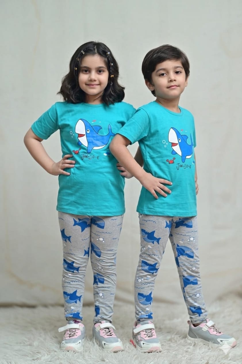 Baby Or Baba Green Shark Print Half Sleeves T-shirt With Printed Pajama Night Suit for Kids (1 Pcs)