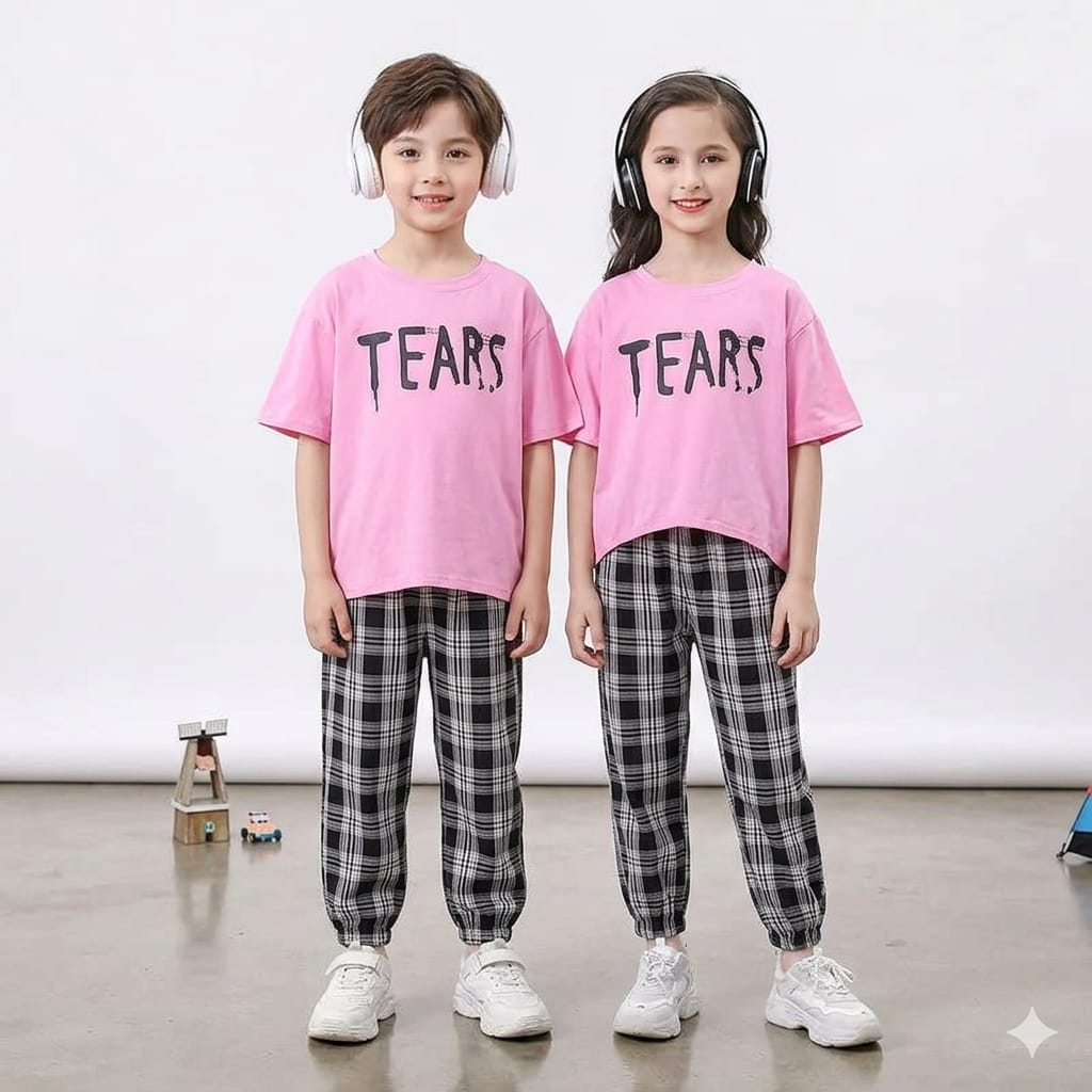 Baby Or Baba Pink Tears Print Half Sleeves T-shirt With Check Printed Pajama Night Suit for Kids (1 Pcs)