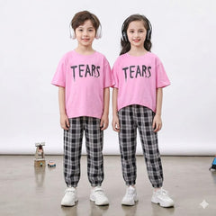 Baby Or Baba Pink Tears Print Half Sleeves T-shirt With Check Printed Pajama Night Suit for Kids (1 Pcs)