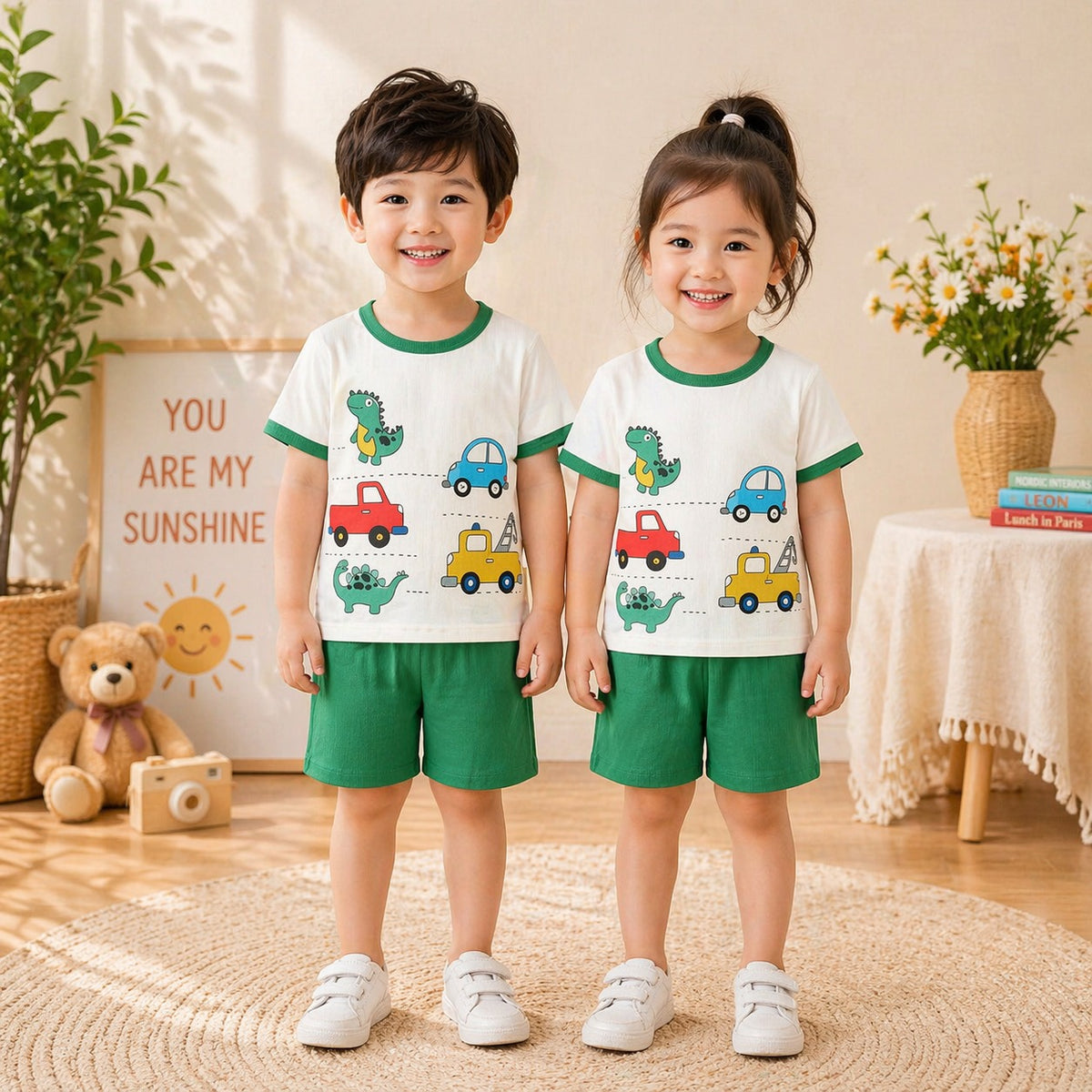 Kids Dinosaur & Vehicle Print T-Shirt & Shorts Co-Ord Set – Green