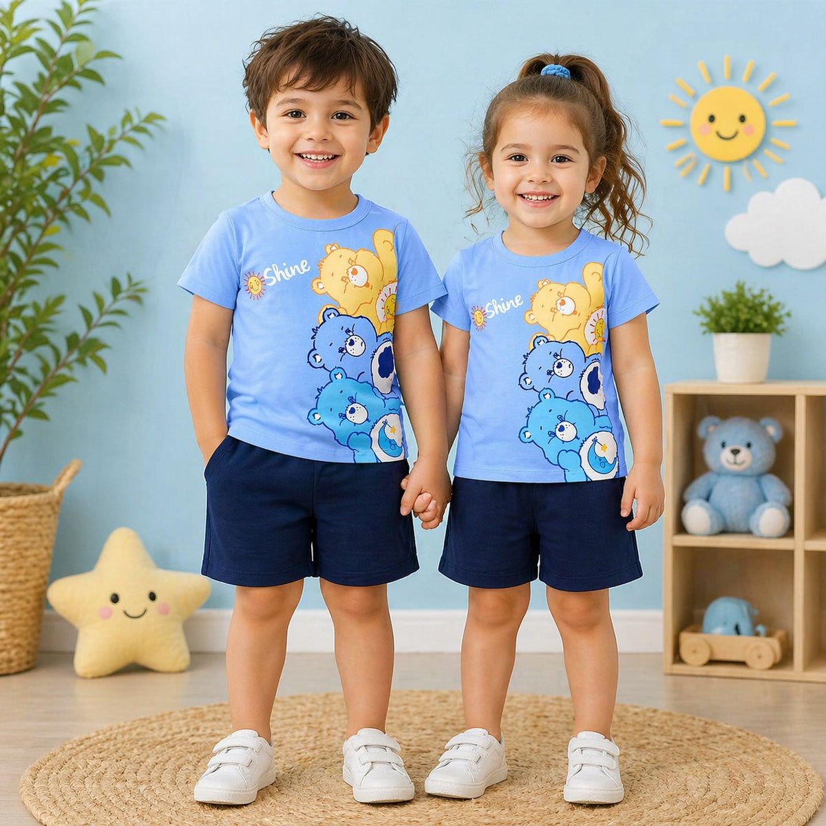 Kids Shine Bear Print T-Shirt & Shorts Co-Ord Set – Sky Blue